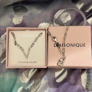 Diamonique Silver V Pendant Necklace and Z Bracelet-NIB